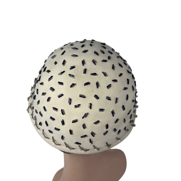 Vintage 1950s Beaded Hat Cream Blue Silver Sequin Cocktail Party Round Cap main image 7
